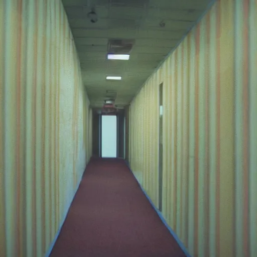 Prompt: 1 9 9 0 s vhs tape still, interior of an empty office building, long corridor with empty rooms, old faded yellow wallpaper, carpet, fluorescent light, suspended ceiling, creepy