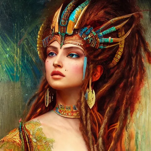 Image similar to artstation, intricate detail, hyper detail, portrait by gaston bussiere, tan skin, lady of elche, egyptian sumerian features, techno mystic goddess princess intergalactica inanna with aqua neon rapunzel dreadlocks,