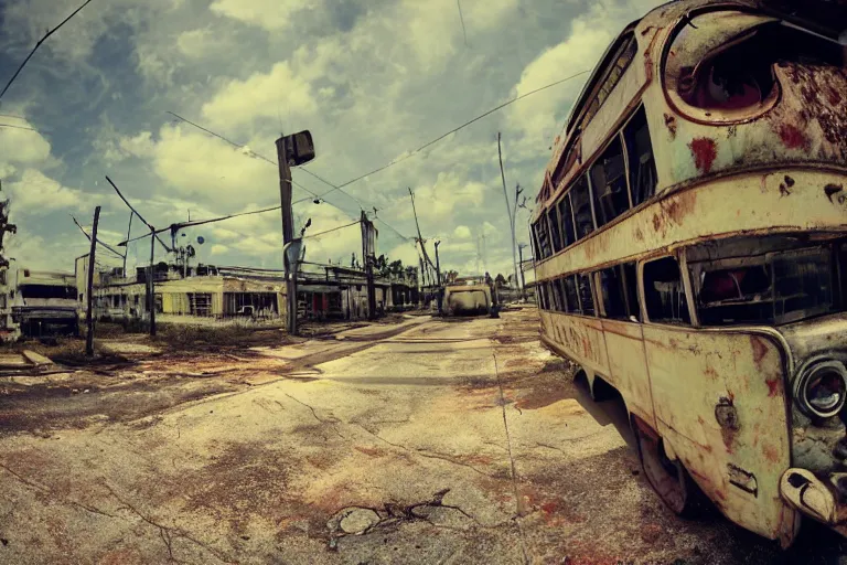 Prompt: low wide angle shot of dilapidated fallout 5 miami, tropical coastal city, desolate, dilapidated neon signs, just a rusted retro futuristic vintage parked vehicles like cars, buses, trucks, trams, sunny weather, few clouds, volumetric lighting, photorealistic, daytime, spring, sharp focus, ultra detailed, technicolour 1