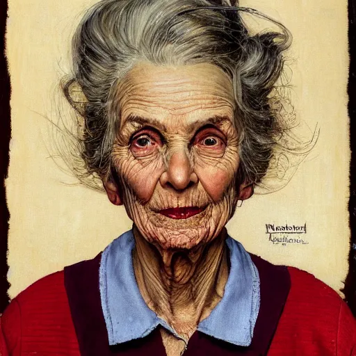 Prompt: frontal portrait of a wizened old witch. a portrait by norman rockwell.