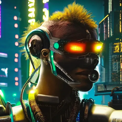 Image similar to cyborg hyena in cyberpunk 2 0 7 7, multiple wires and metal exposed, neon lights, volumetric lighting