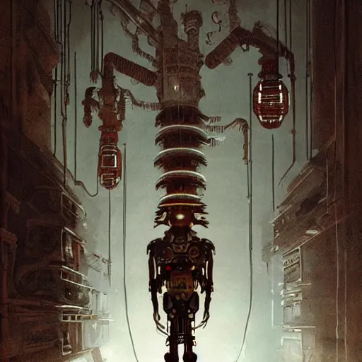 Image similar to minimalist cyborg midget inside byzantine kowloon hoarder labaratory, portrait by by greg rutkowski and h. r. giger and stalenhag and deak ferrand, studio ghibli composition