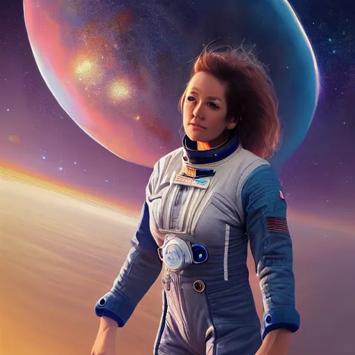Image similar to photo of a woman alone in space in the style of stefan kostic, realistic, body shot, sharp focus, 8 k high definition, insanely detailed, intricate, elegant, art by stanley lau and artgerm, floating embers