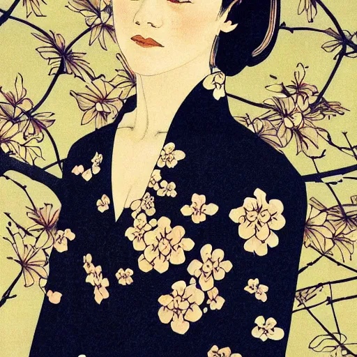 Prompt: emma watson portrait by ikenaga yasunari and ayana otake and ko rakusui, 6 0 s poster, drawing, realistic, sharp focus, japanese, dreamy, nostalgia, faded, golden hues, floral clothes