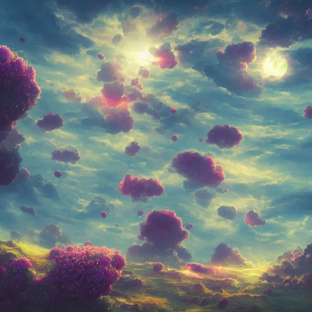 Image similar to digital illustration, a world full of life divine thrill of biological tranquil sky, atoms floating, flowers, spaceship, in the style of greg rutkowski and lisa frank, high detailed 8 k