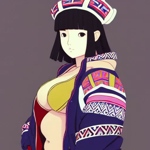 Image similar to a beautiful plus sized model japanese natalie portman, alluring, wearing oversized mayan bomber jacket and leotard with overalls, bulky poofy bomber jacket with mayan patterns, aztec street fashion, gapmoe yandere grimdark, trending on pixiv fanbox, painted by greg rutkowski makoto shinkai takashi takeuchi studio ghibli, akihiko yoshida