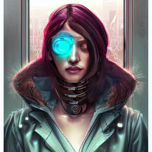 Image similar to portrait of cyberpunk woman looking out of a window, cyberpunk setting, futuristic, highly detailed, intricate lighting, digital painting, sharp focus, illustration, trending on artstation, art by magali villenueve.