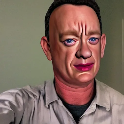Prompt: my auntie that looks like a poor version of tom hanks in the most scary image on the internet, disturbing, realistic, so scary, very real, very disturbing