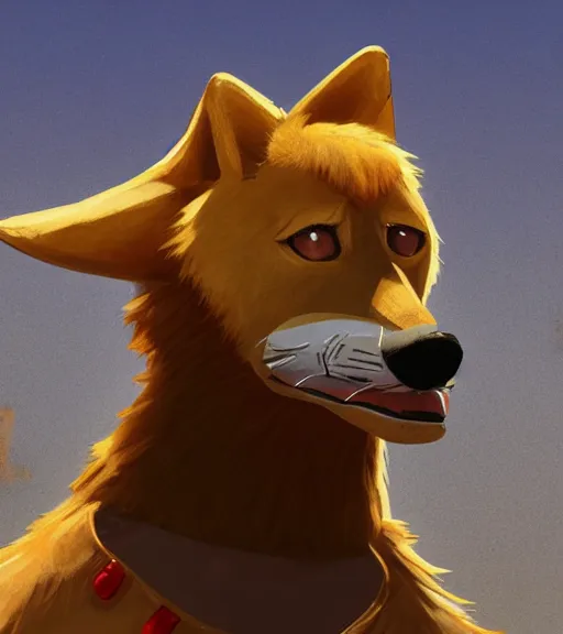 Image similar to stylized 3 / 4 portrait concept art of the anthro anthropomorphic dingo dog head animal person fursona wearing clothes adventurer standing in australia outback, hidari, color page, tankoban, 4 k, tone mapping, akihiko yoshida