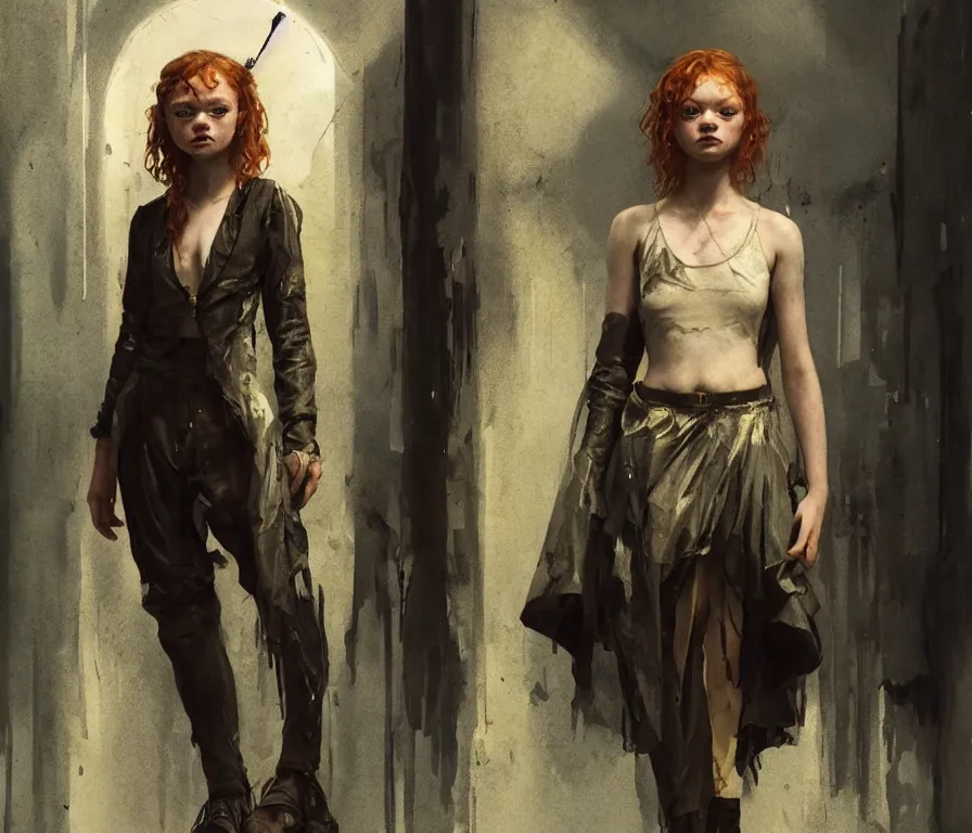 Prompt: sadie sink dressed as poor dancer : costume concept for a scifi cyberpunk film. by greg rutkowski, john j. park, jason chan, noah bradley, feng zhu, gintas galvanauskas, gustave courbet, rosa bonheur, edward hopper. sharp focus, cinematic atmosphere, detailed and intricate, perfect anatomy