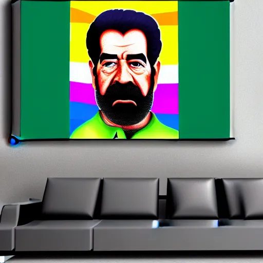 Image similar to rainbow colored portrait of saddam hussein with a pink puffy jacket hat, 8 k, intricate, detailed,