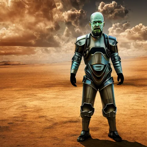Prompt: Full body render of Walter White in futuristic battle armor with shields, 4k octane render, highly detailed