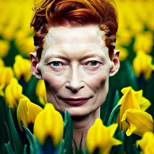 Prompt: medium shot, tilda swinton face fused with daffodil, head covered with leaves, inside the flower, daffodils field, highly detailed, shallow depth, bokeh, codachrome, polaroid, unreal engine, 3 d art, digital art, painting by greg rutkowski