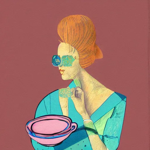 Image similar to beautiful lady, drinking tea, fruit basket, painting, clean shapes, print, litography, pastel colors, ink lines, markus gunnar, konstfack