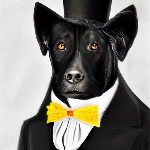 Image similar to portrait of a black dog wearing a suit and a top hat and a monocle on one eye, digital painting, duotone