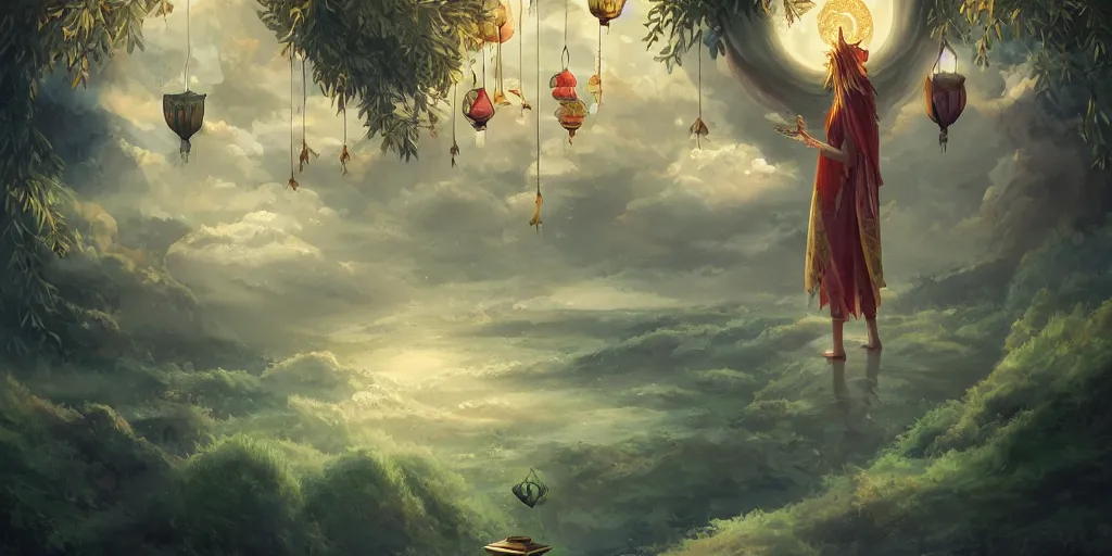 Prompt: wind god enjoying the view from his heavenly palace, decorated with windchimes and paper lanterns, stunning nature in background, digital art trending on artstation