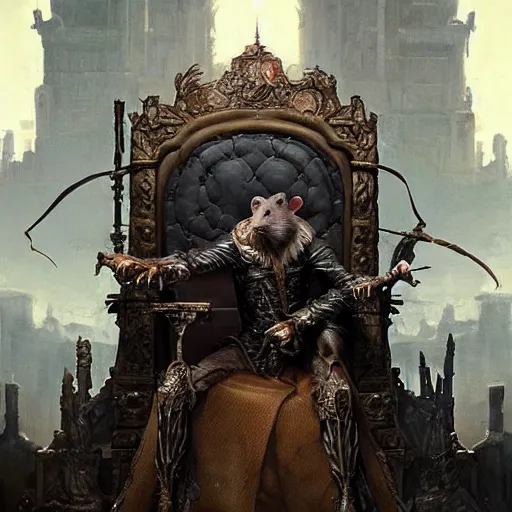 Prompt: rat overlord sitting on throne with hundreds of humans wordhipping, ssci - fi and fantasy, intricate and very very beautiful and elegant, highly detailed, digital painting, artstation, concept art, smooth and sharp focus, illustration, art by greg rutkowski