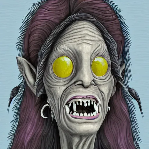 Image similar to creepy old goblin lady with magical nature powers, silver hair, dark yellow eyes, and a pep in her step, digital art