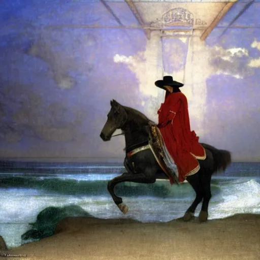 Image similar to Magician riding a horse leaving the castle through the bridge, thunderstorm, beach ocean on the background major arcana sky, by paul delaroche, alphonse mucha and arnold böcklin arnold böcklin hyperrealistic 8k, very detailed