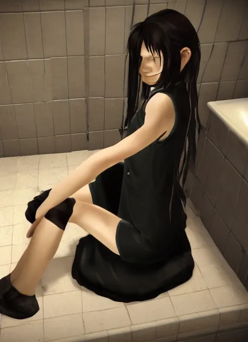 Image similar to a 1 4 year old girl eveline from resident evil 7 with straight long black hair wearing black dress that sitting on bathroom floor