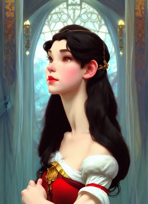 Image similar to portrait of disney snowhite, intricate, elegant, highly detailed, my rendition, digital painting, artstation, concept art, smooth, sharp focus, illustration, art by artgerm and greg rutkowski and alphonse mucha and uang guangjian and gil elvgren and sachin teng, symmetry!!