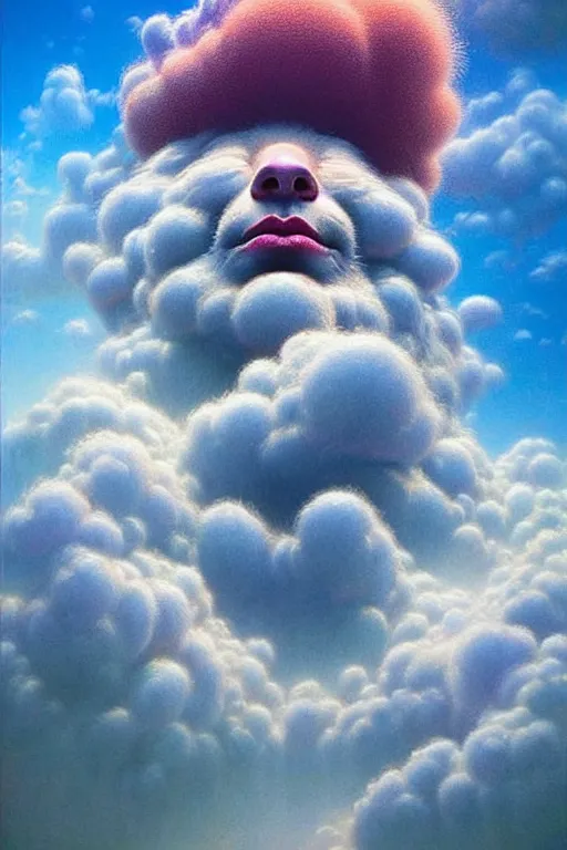 Image similar to hyperrealistic close-up baroque psychedelic!! celestial organic happy fluffy creature!! peaceful kind spirit of nature highly detailed concept art eric zener elson peter cinematic hard rainbow lighting high angle hd 8k sharp shallow depth of field, inspired by Zdzisław Beksiński