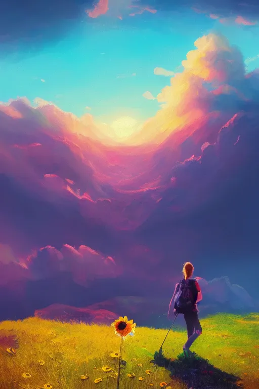 Image similar to giant daisy flower head, girl hiking in the mountains, surreal photography, sunrise, dramatic light, impressionist painting, colorful clouds, digital painting, artstation, simon stalenhag