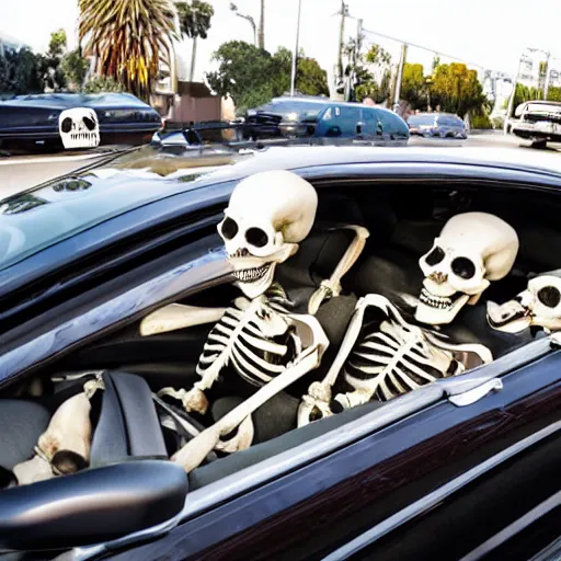 Prompt: Photo of skeletons doing a drive by in Los Angeles with uzis in a lowrider car