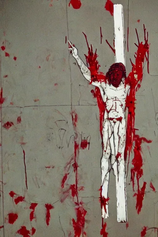 Image similar to bloody christ crucified and some mushrooms on the floor painted in by cy twombly and andy warhol