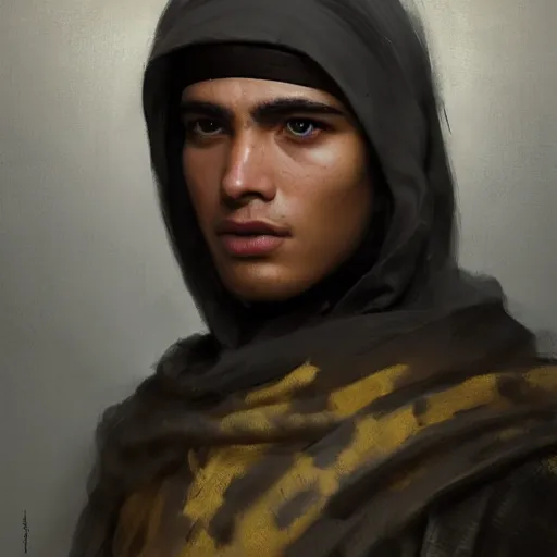 Image similar to Medium closeup young idealistic and pious homely male Imperial soldier wearing a black tabard with light yellow accents over a brown gambeson and a barbute!!!!! helm, by Raymond Swanland Greg Rutkowski Lise Deharm, {perfect face}, {perfect eyes}, {uncertain look}, {on edge}