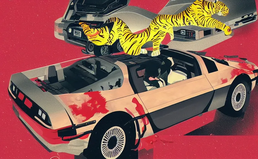 Image similar to a red delorean with a yellow tiger, art by hsiao - ron cheng & shinya edaki in a magazine collage style, # de 9 5 f 0