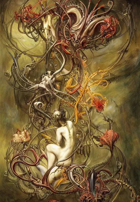 Image similar to simplicity, elegant, colorful muscular eldritch orchids, lilies, flowers, bodies, neon, radiating, mandalas, by h. r. giger and esao andrews and maria sibylla merian eugene delacroix, gustave dore, thomas moran, pop art, giger's biomechanical xenomorph, art nouveau