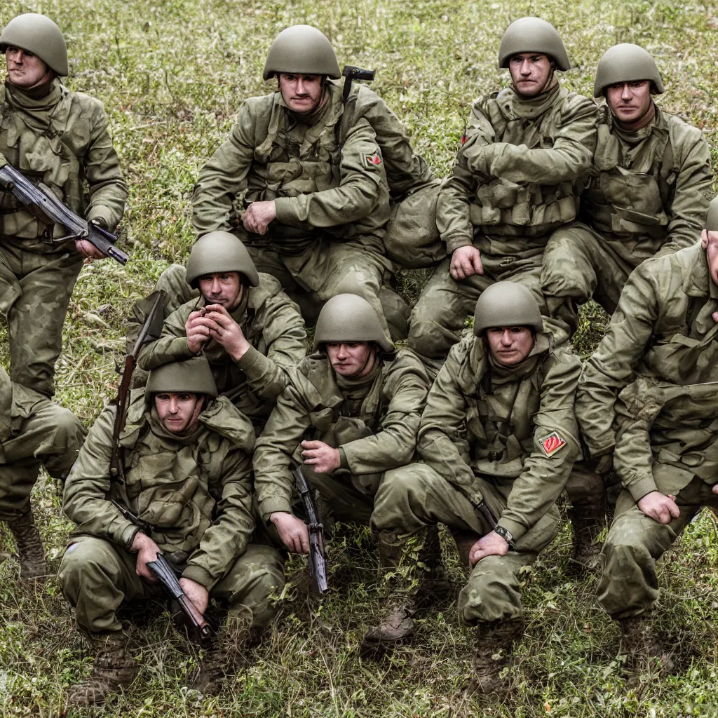 Image similar to soviet spetsnaz soldiers with mushrooms instead of helmets, retro, very detailed, 4 k, professional photography