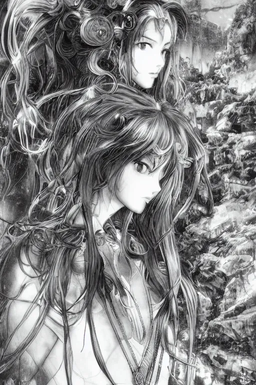 Image similar to a vertical portrait of a character in a scenic environment by Yoshitaka Amano, black and white, dreamy, cybernetic suit, wavy long black hair, highly detailed