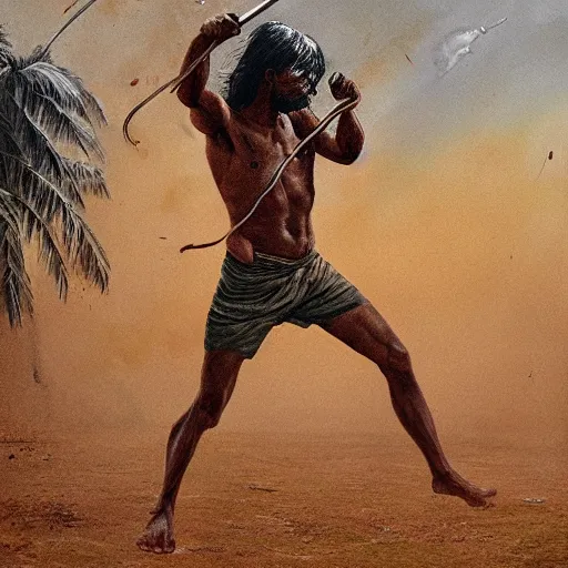 Image similar to portrait of head and body, single bangla farmer fighting on hoseback, hand to hand combat with machete, wielding machete, full body view, long flowing hair, fighting for his life, nebula aura surrounding subject, horseback combat attacker foreground, background of invading army, nestor canavarro hyperrealist art style, sharp outlines