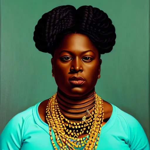 Prompt: A portrait of a thick powerful and gorgeous non-binary person, dark black skin tone, oil painting by Kehinde Wiley, majestic, detailed, high resolution