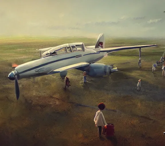 Prompt: people near the plane at the airfield, the view from the drone, portrait, close view, painting by craig mullins, octane rendering, soft morning lighting, wide angle lens, in the style of hayao miyazaki, trending on artstation,