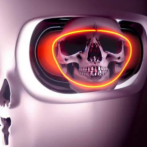 Image similar to real human skull with robotic circular orange light electronic eyes in eye sockets, cyberpunk, futurism