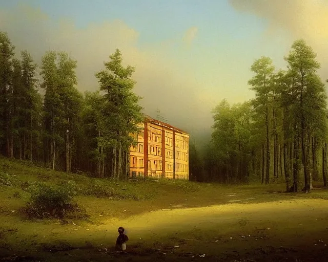 Image similar to beautiful matte painting of cute soviet block of flats hrushevka in end of forest by ivan shishkin and aivazovsky