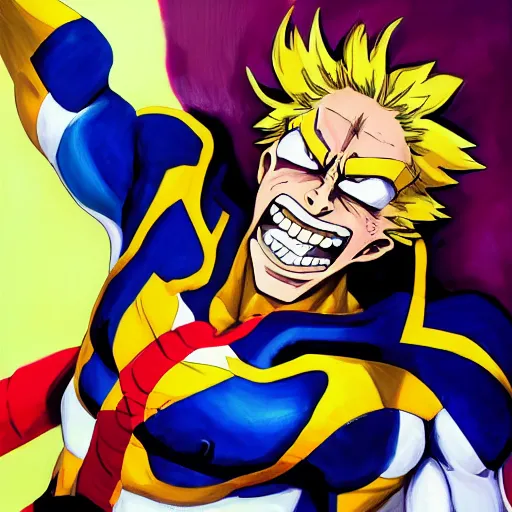 Image similar to an oil painting of a all might from my hero academia by artgerm, hero costume, middle ages, hd, hdr, ue 5, ue 6, unreal engine 5, third dimensional, cinematic 4 k wallpaper, 8 k, ultra detailed, gta 5 cover art, comic book black lines, high resolution, artstation, award winning