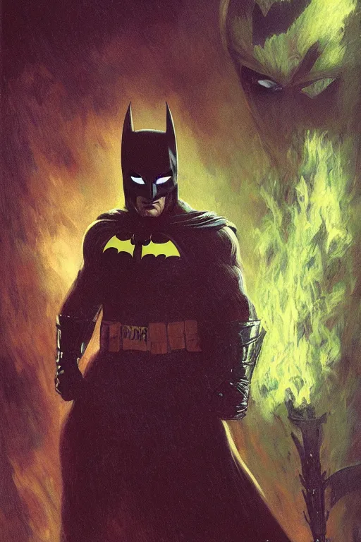 Image similar to angry batman, with dark ghost smokes around, green scary lights, sci - fi, fantasy, intricate, dark fantasy color scheme, gaston bussiere, craig mullins, j. c. leyendecker, frank frazetta, cinematic, mysterious, artgem, unreal engine