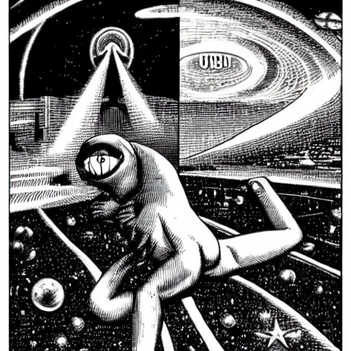 Image similar to pepe the frog casually being in the city while ufo abduction is happening. by virgil finlay