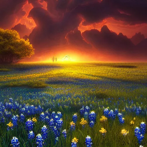 Image similar to a beautiful and detailed picture of gateway to the underworld surrounded by a field of bluebonnets, in the style of magic the gathering, highly detailed, digital painting, ominous sunset, volumetric lighting, octane render, 4 k resolution, art by adam paquette and johann bodin and jason rainville