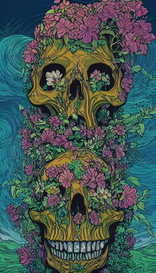 Prompt: The luminous island of the forgotten floral skull gods, italian futurism, da vinci, Dan Mumford, Josan Gonzalez