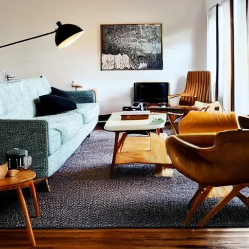 Image similar to mid century modern furniture in cozy fancy hygge living room with warm lighting at night