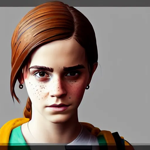 Image similar to textured film grain freckled face subsurface scattering emma watson as a fortnite character cgsociety octane render unreal engine redshift render trending on artstation trending on artstation render blender behance cg superhero