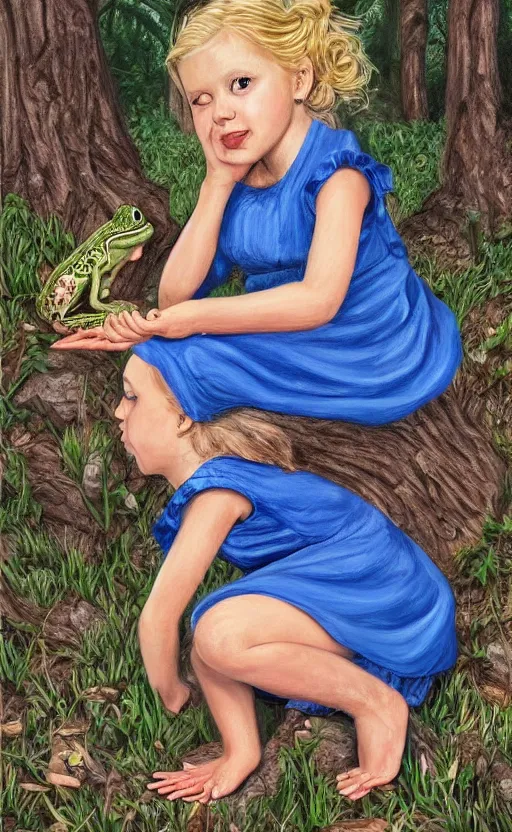 Prompt: a beautiful detailed intricate photorealistic painting of a young blond girl in a blue dress in a forest, crouching down talking to. a frog. vibrant. beautiful. photorealistic. hd. hq. trending on arstation.