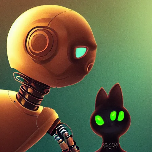 Prompt: an alien cat and a robot, dynamic lighting