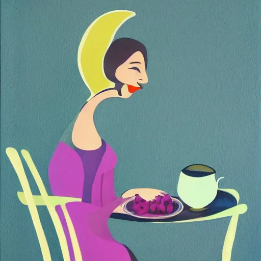 Image similar to beautiful lady, drinking tea, fruit basket, painting,, clean shapes, print, pastel colors, ink lines, markus gunnar, konstfack