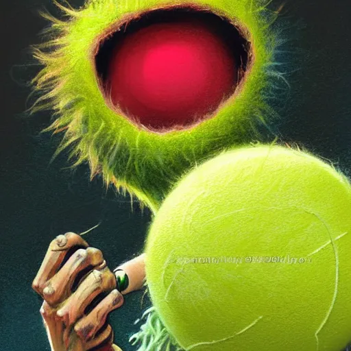 Image similar to a tennis ball monster, tennis ball, dark, chalky, rich playboy, digital art, fantasy, magic, trending on artstation, ultra detailed, professional illustration by Basil Gogos